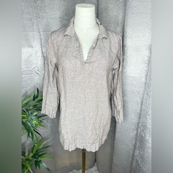 NEW TAHARI Women’s Linen Long Sleeve Collared Tunic Top in Taupe Sz M - Picture 1 of 9